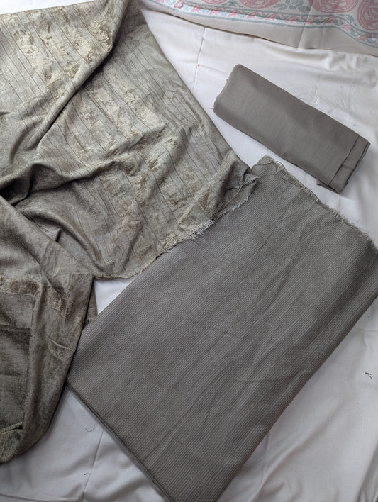 Three-piece peach velvet wool winter outfit in matel gray from Hayadar Clothing's 2025 collection, displayed on a model.