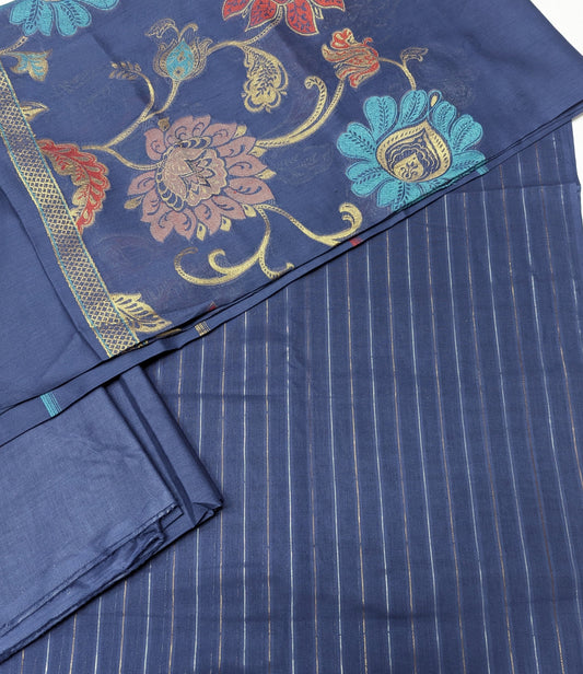 Premium navy blue moon light lawn 3-piece set with multi jaquard Banarasi dupatta by Hayadar Clothing, featuring intricate designs.