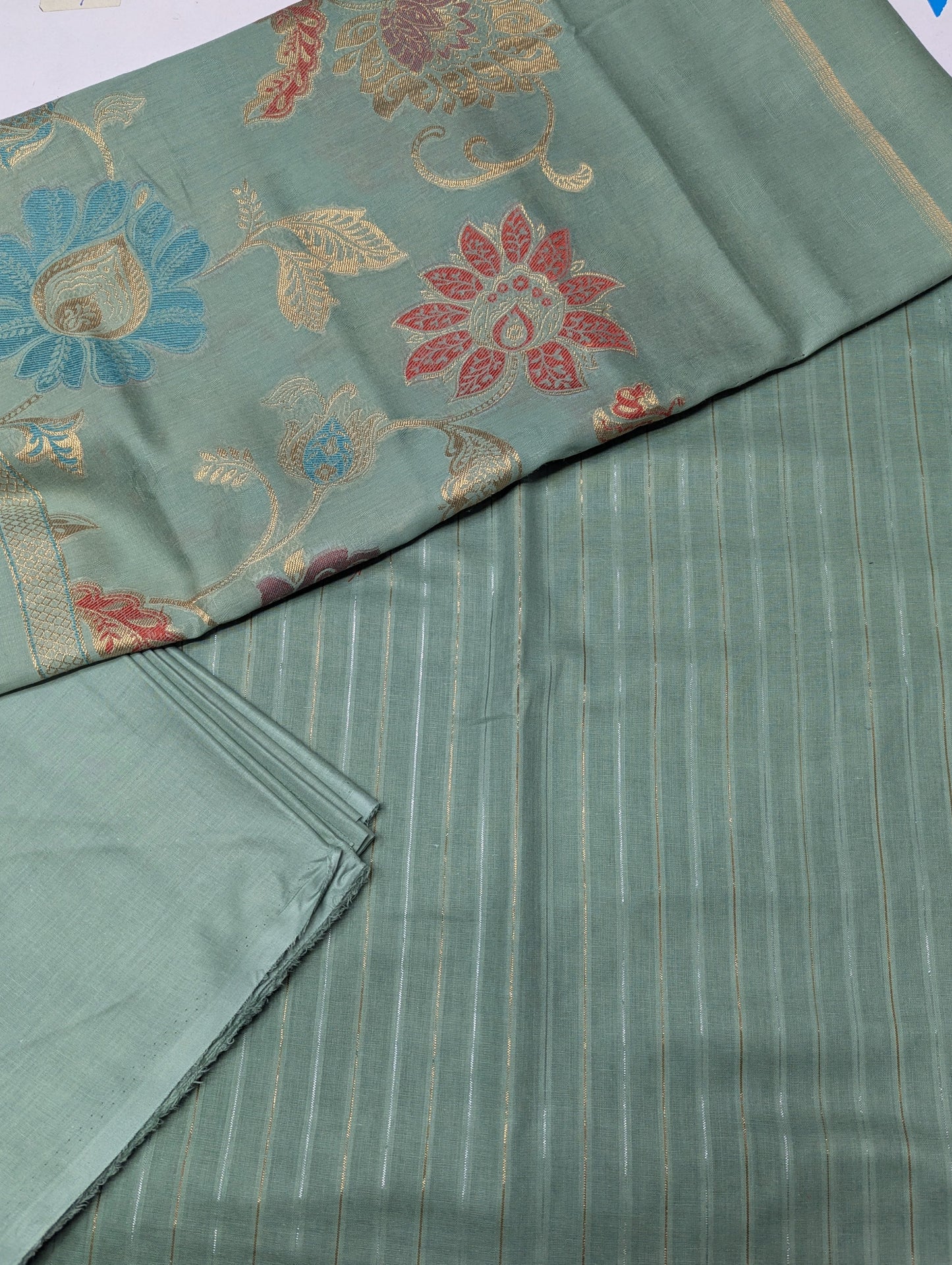 Premium quality multi-jaquard Banarasi dupata in pista color paired with a moonlight lawn 3-piece set by Hayadar Clothing.