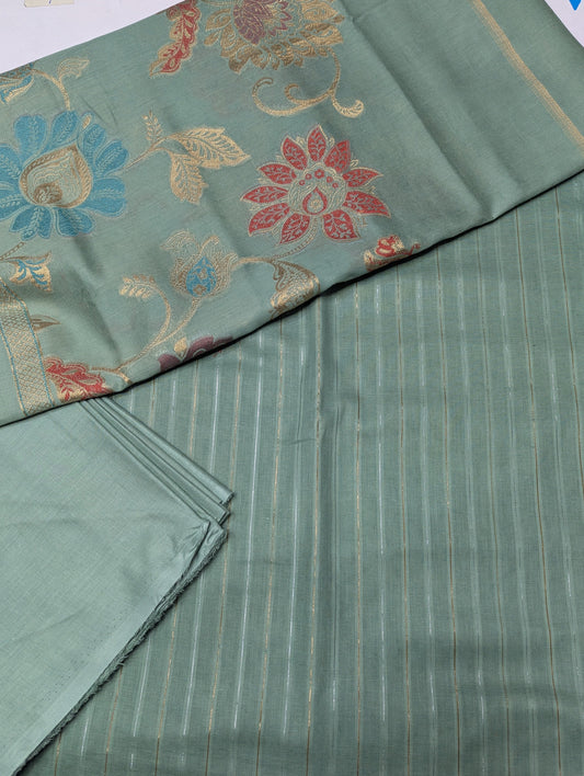 Premium quality multi-jaquard Banarasi dupata in pista color paired with a moonlight lawn 3-piece set by Hayadar Clothing.