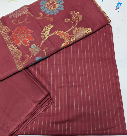 Three-piece moon light lawn suit with premium multi jaquard Banarasi dupatta in radish mahroon color, showcasing intricate fabric details.
