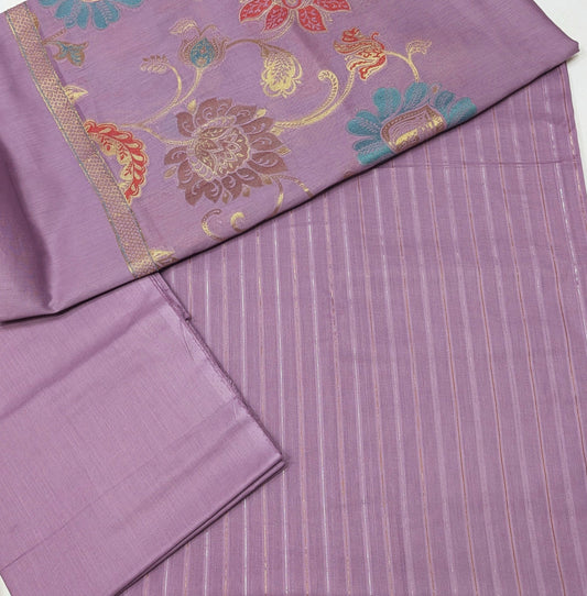 Hayadar Clothing 3-piece moon light lawn suit with purple lilac multi jaquard Banarasi dupatta, elegant traditional Indian attire.
