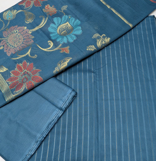 Three-piece moon light lawn set with premium multi-jaquard Banarasi dupatta in Zink color, featuring intricate traditional embroidery.
