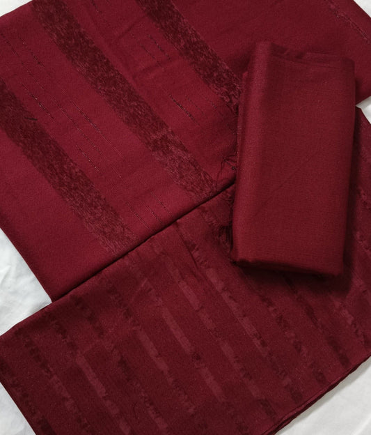 Three-piece Alpine Chamki Zari velvet marina winter collection in mahroon color by Hayadar Clothing, featuring intricate embroidery and rich fabric.