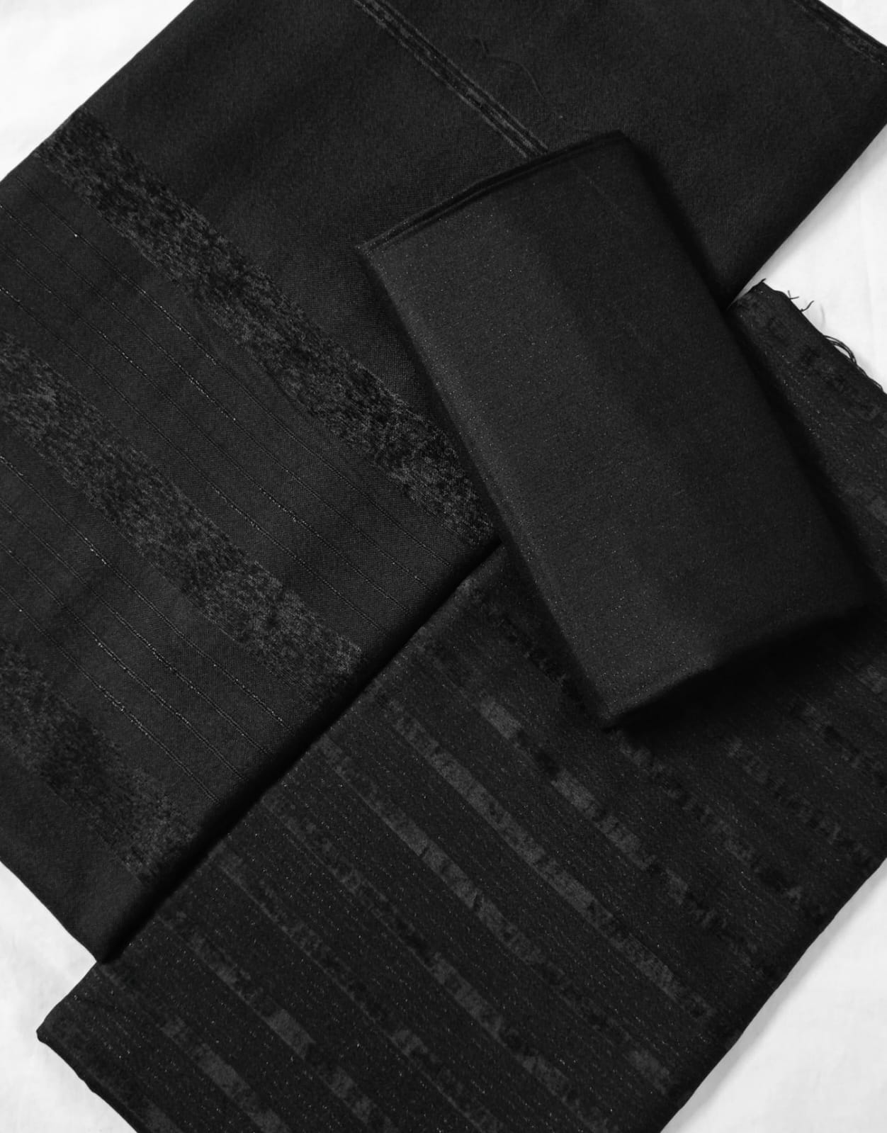 Three-piece Alpina Chamki Zari velvet Marina winter suit in black, featuring intricate embroidery, from Hayadar Clothing's winter collection.