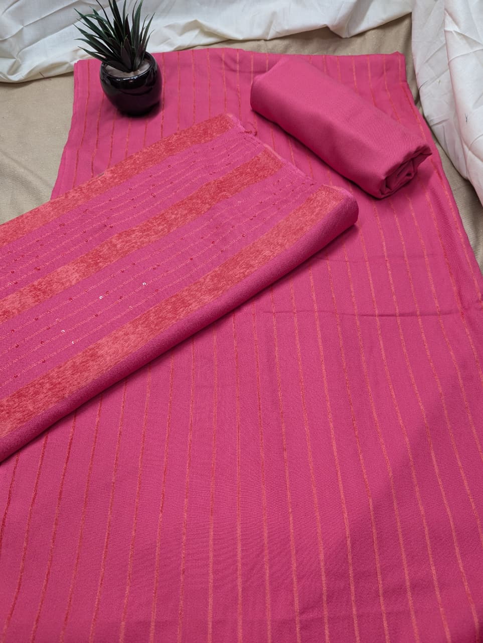 Hayadar Clothing 3-piece Alpine Velvet Marina vertical line outfit in carrot pink, featuring soft velvet fabric and stylish design.