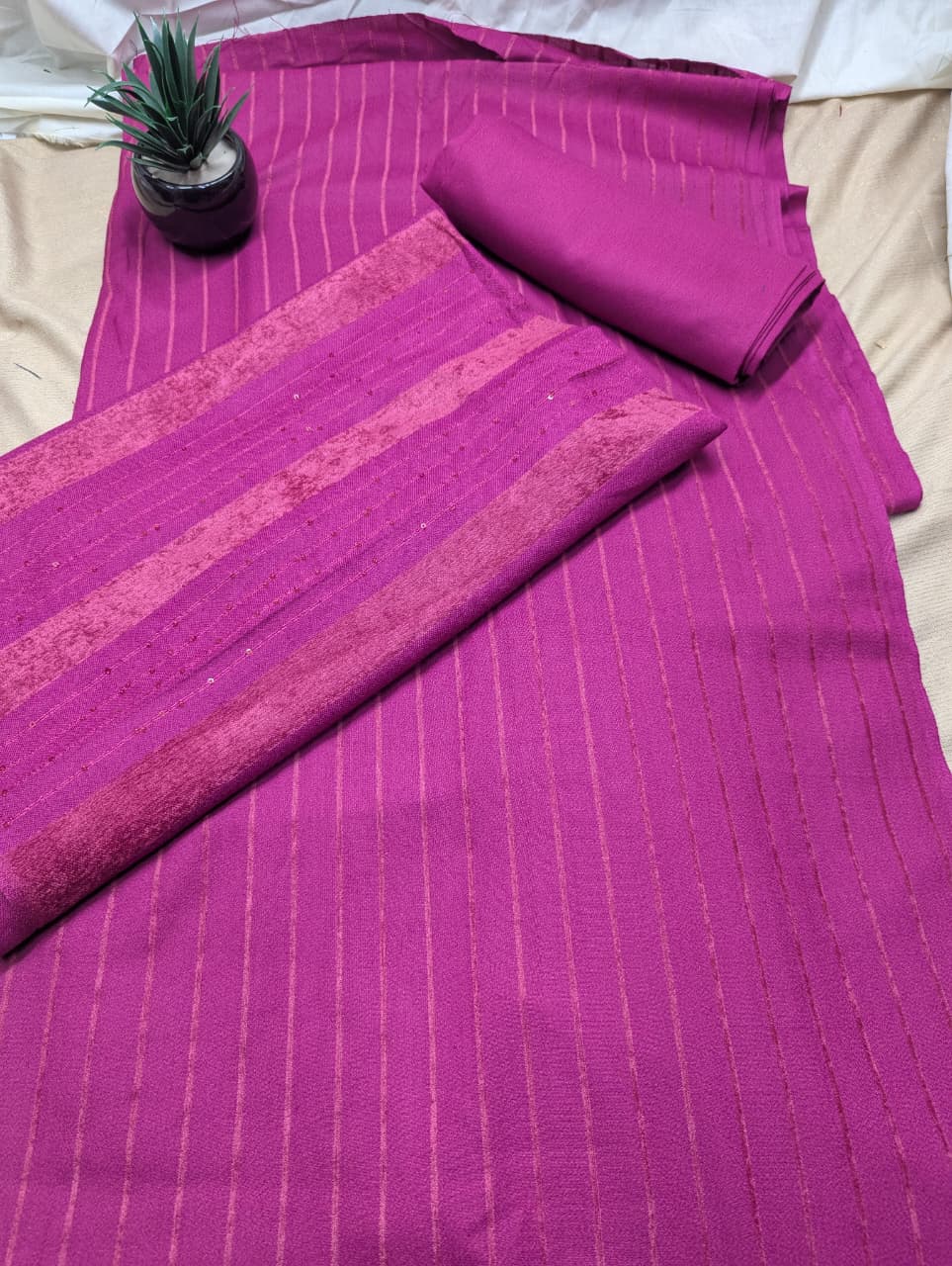 Hayadar Clothing 3-piece Alpine Velvet Marina set with vertical line design in shocking pink, featuring plush velvet fabric.
