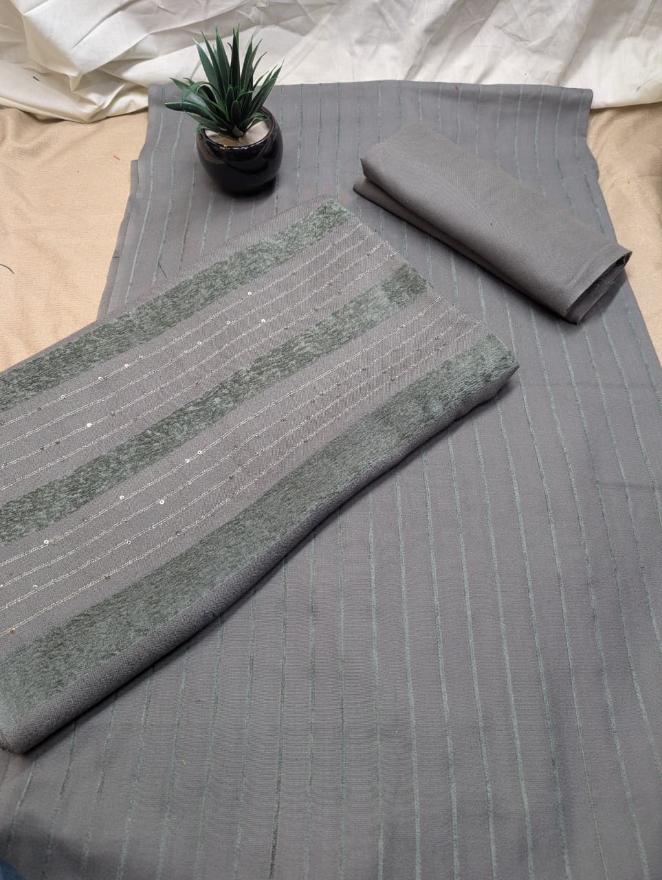 Gray 3-piece Alpine Velvet Marina vertical line suit by Hayadar Clothing, featuring elegant velvet fabric and tailored design.
