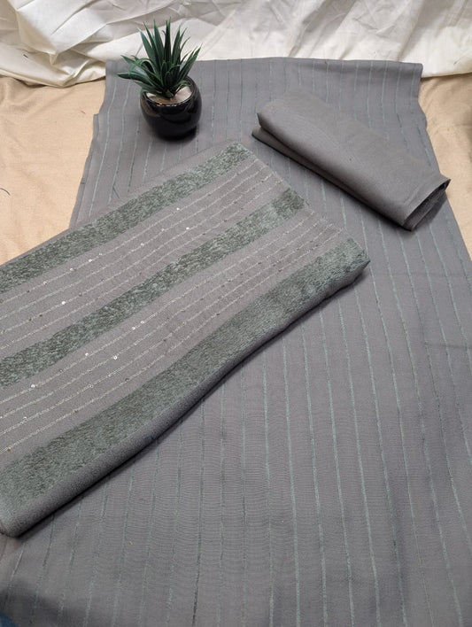 Gray 3-piece Alpine Velvet Marina vertical line suit by Hayadar Clothing, featuring elegant velvet fabric and tailored design.