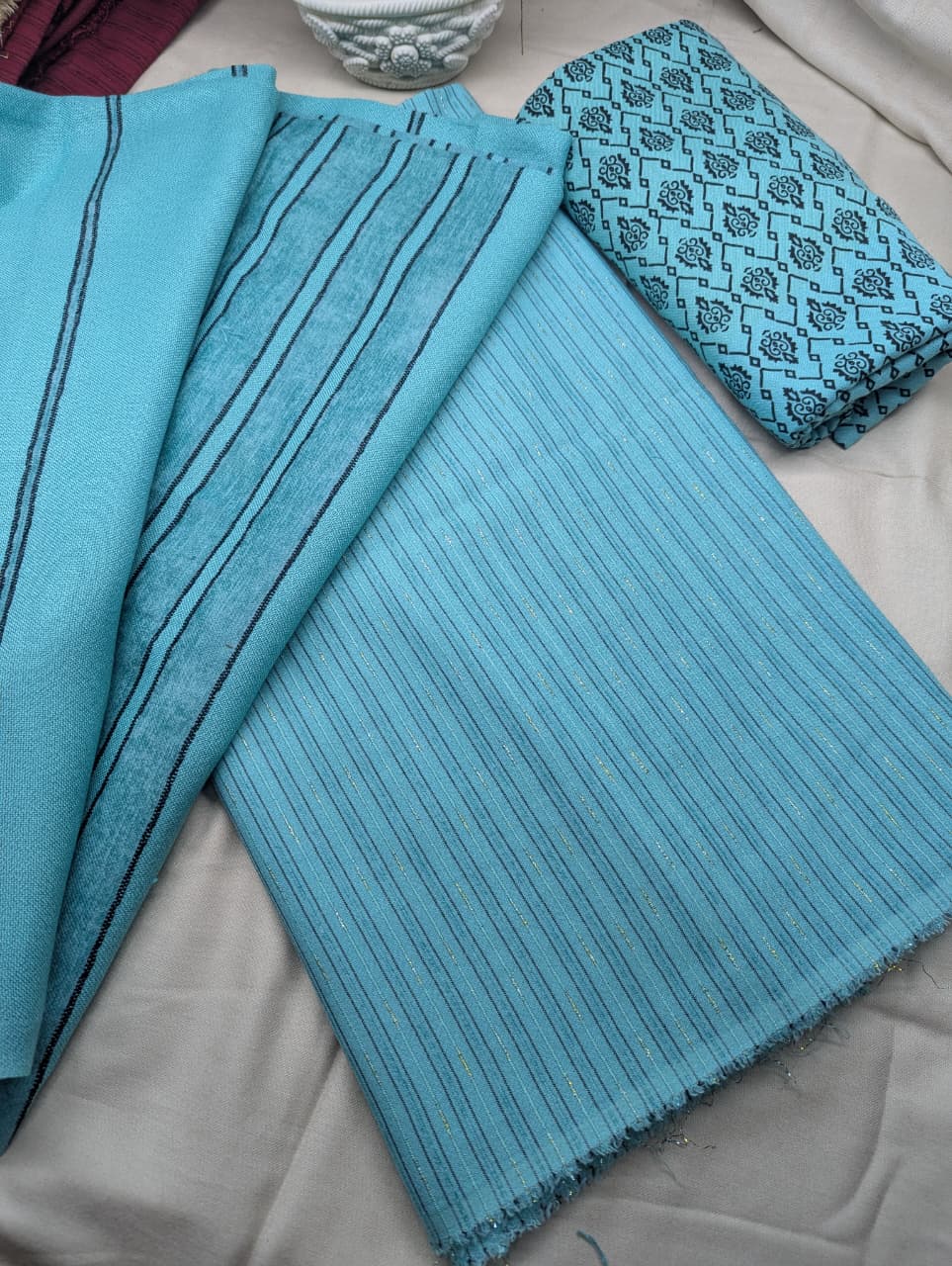 Three-piece Alpine Black Velvet winter outfit in aqua color from Hayadar Clothing, featuring luxurious velvet fabric and stylish design.