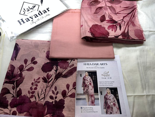 Bright peach 3-piece premium lawn set with rice slub fabric and voil dupatta by Hayadar Clothing, perfect for summer wear.