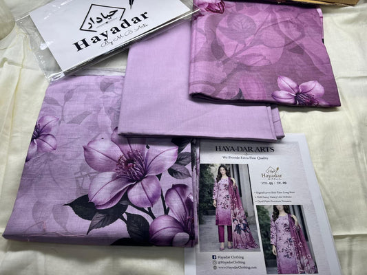Lavender purple 3-piece lawn suit by Hayadar Clothing featuring rice slub fabric and a sheer voil dupatta.