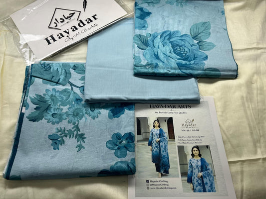 Aqua blue 3-piece premium lawn suit by Hayadar Clothing featuring rice slub fabric with a sheer voil dupatta.