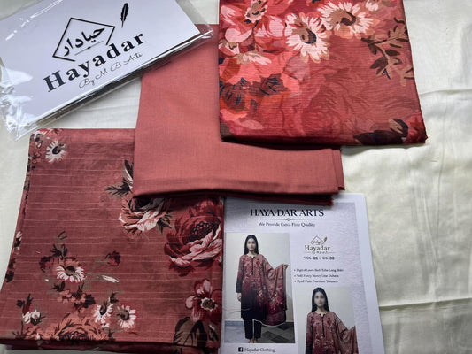 3-piece brick peach lawn suit by Hayadar Clothing featuring rice slub fabric and a voile dupatta, perfect for elegant summer wear.