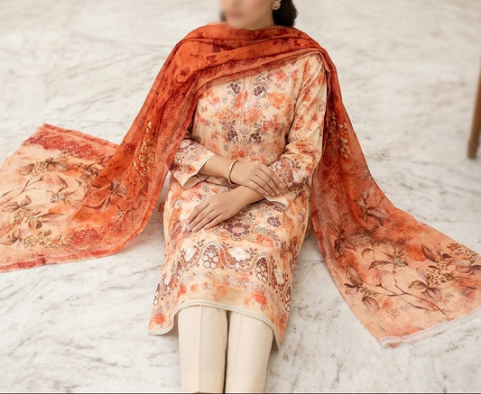 3-piece Doria print lawn embroidered suit with bamber dupatta by Hayadar Clothing, featuring intricate embroidery and vibrant fabric.
