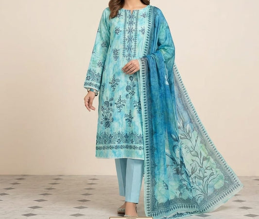 3-piece Doria print lawn embroidered suit with bamber dupatta by Hayadar Clothing, featuring intricate embroidery and vibrant fabric.