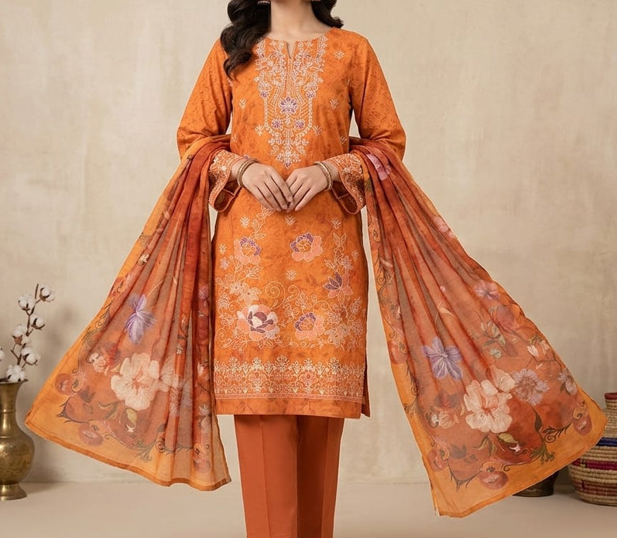 Three-piece Doria lawn embroidered suit with bamber dupatta by Hayadar Clothing, featuring intricate embroidery and vibrant fabric.
