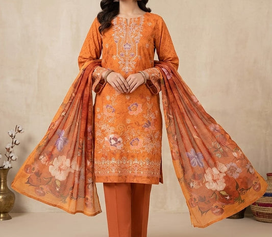 Three-piece Doria lawn embroidered suit with bamber dupatta by Hayadar Clothing, featuring intricate embroidery and vibrant fabric.