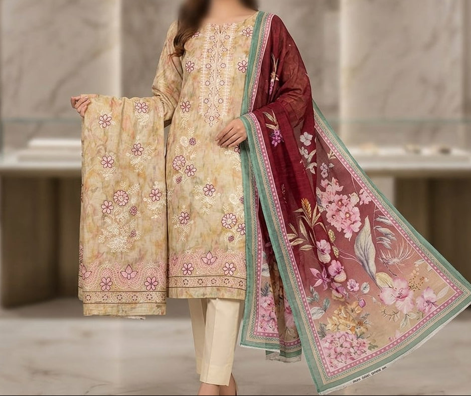 Three-piece Doria lawn embroidered suit with bamber dupatta by Hayadar Clothing, featuring intricate embroidery and vibrant fabric.