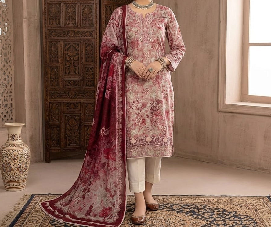 Three-piece Doria lawn embroidered suit with Bamber dupatta by Hayadar Clothing, featuring intricate embroidery and vibrant fabric.