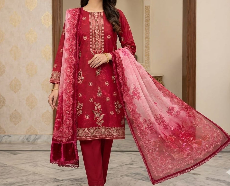 Three-piece Doria lawn embroidered suit with bamber dupatta by Hayadar Clothing, featuring intricate embroidery and vibrant fabric.