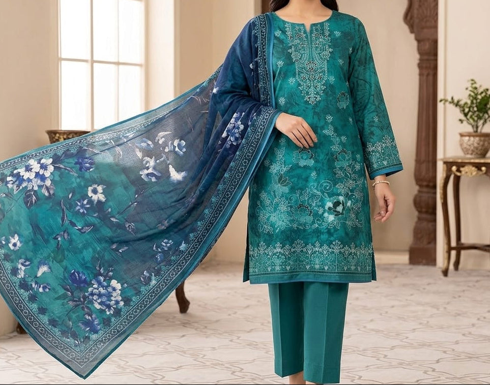 Three-piece Doria lawn embroidered suit with Bamber dupatta from Hayadar Clothing, featuring intricate embroidery and vibrant fabric.