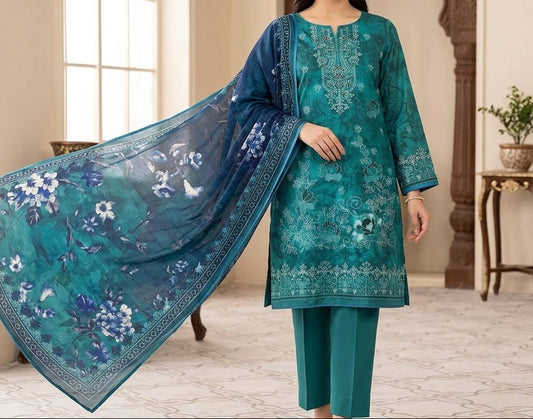 Three-piece Doria lawn embroidered suit with Bamber dupatta from Hayadar Clothing, featuring intricate embroidery and vibrant fabric.