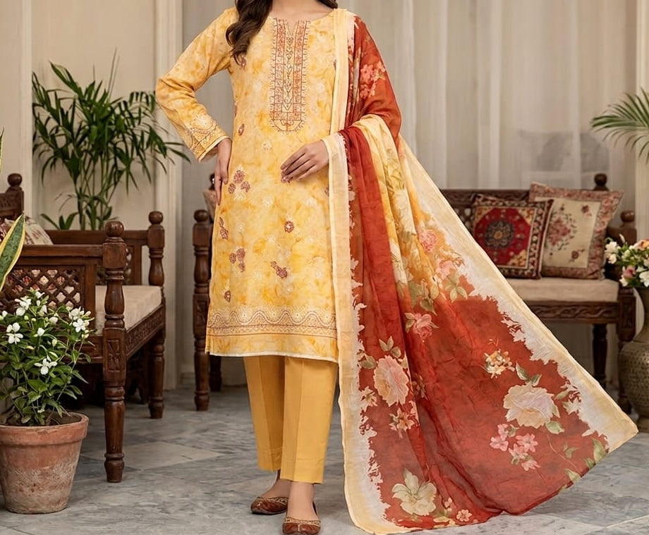 Three-piece Doria lawn embroidered suit with bamber dupatta by Hayadar Clothing, featuring intricate embroidery and vibrant fabric.