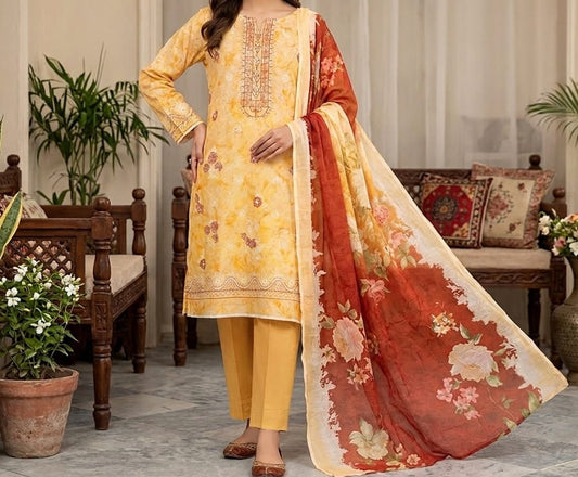 Three-piece Doria lawn embroidered suit with bamber dupatta by Hayadar Clothing, featuring intricate embroidery and vibrant fabric.