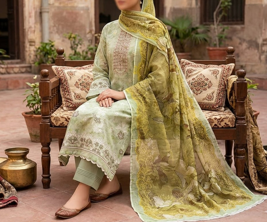 Three-piece Doria lawn embroidered suit with Bamber dupatta by Hayadar Clothing, featuring intricate embroidery and vibrant fabric.