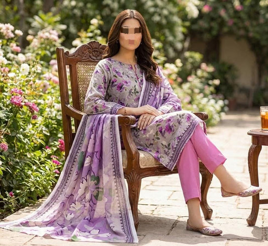 Three-piece Nishat digital print Bana Dora plan trouser set by Hayadar Clothing, featuring vibrant lawn fabric and intricate designs.