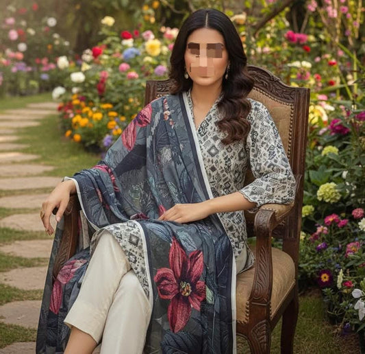 Three-piece Nishat digital print Bana Dora plan trouser lawn collection by Hayadar Clothing, featuring colorful traditional fabric.