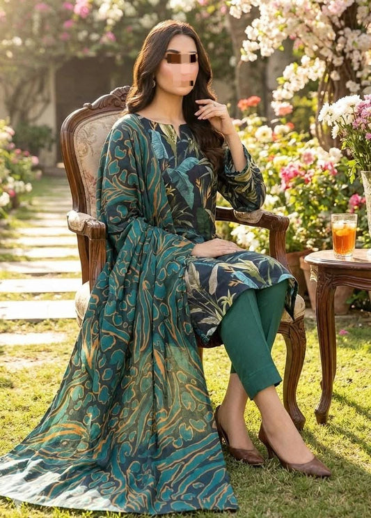 3-piece Nishat digital print Bana Dora plan trouser set from Hayadar Clothing, featuring lawn fabric and intricate design details.