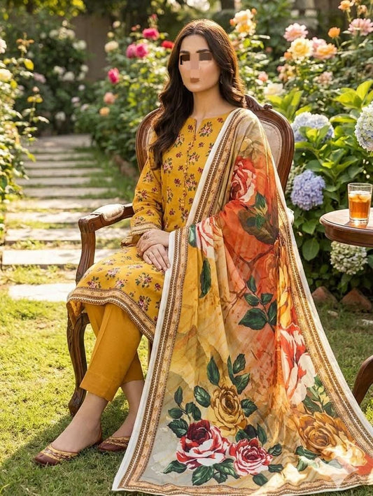 Three-piece Nishat digital print Bana Dora plan trouser set from Hayadar Clothing, featuring colorful lawn fabric and intricate patterns.