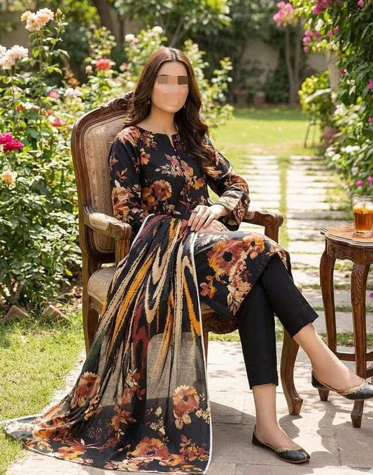 Three-piece Nishat digital print Bana Dora plan trouser set in lawn fabric from Hayadar Clothing, featuring vibrant patterns and traditional design.