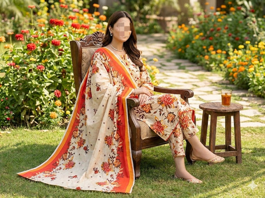 Three-piece fine weave lawn suit with all-over printed design and voile dupatta by Hayadar Clothing.