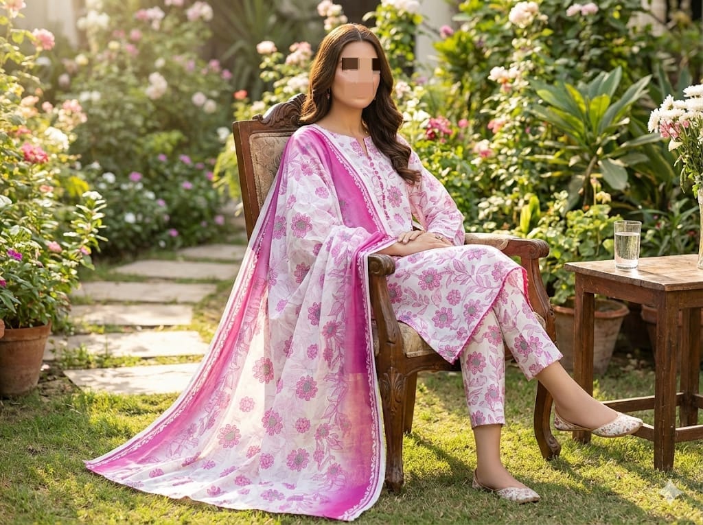 Three-piece fine weave lawn suit with all-over printed design and voil dupatta, by Hayadar Clothing.