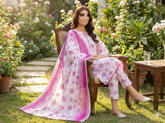 Three-piece fine weave lawn suit with all-over printed design and voil dupatta, by Hayadar Clothing.