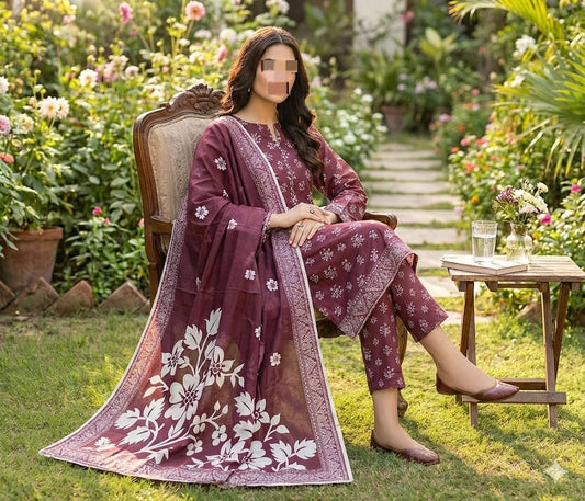 Three-piece fine weave lawn suit with all-over printed design and matching voil dupatta by Hayadar Clothing.