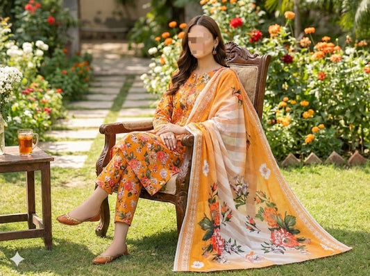 Three-piece fine weave lawn suit with printed design and matching voil dupatta, showcasing traditional Indian attire from Hayadar Clothing.