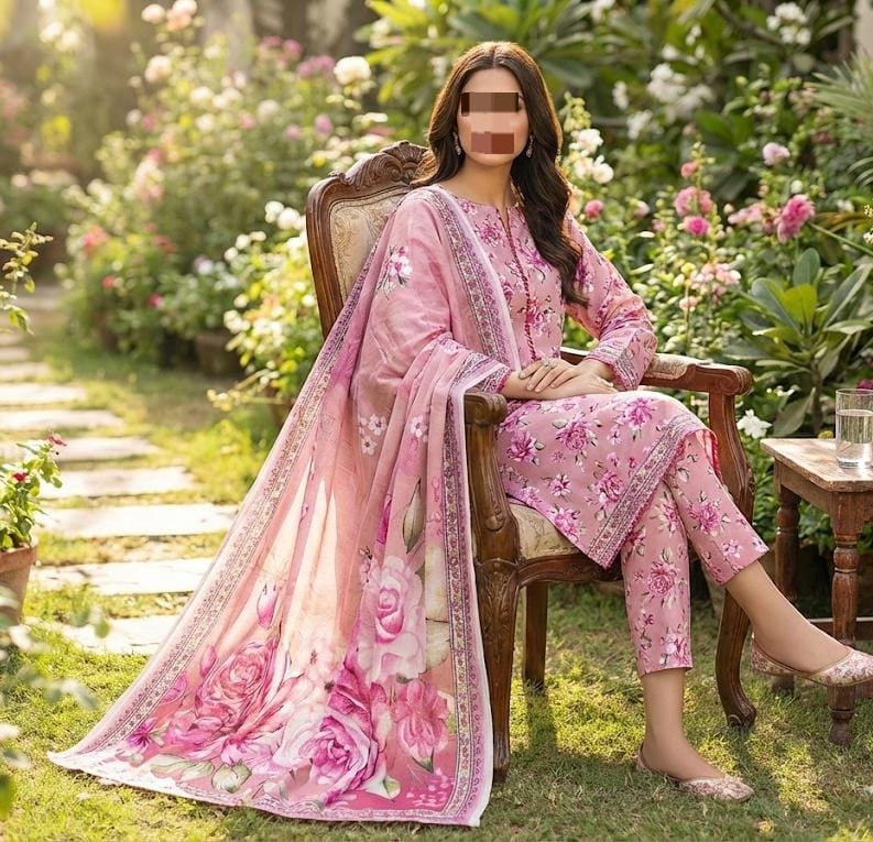 Three-piece fine weave lawn suit with printed design and matching voil dupatta, featuring intricate fabric details from Hayadar Clothing.