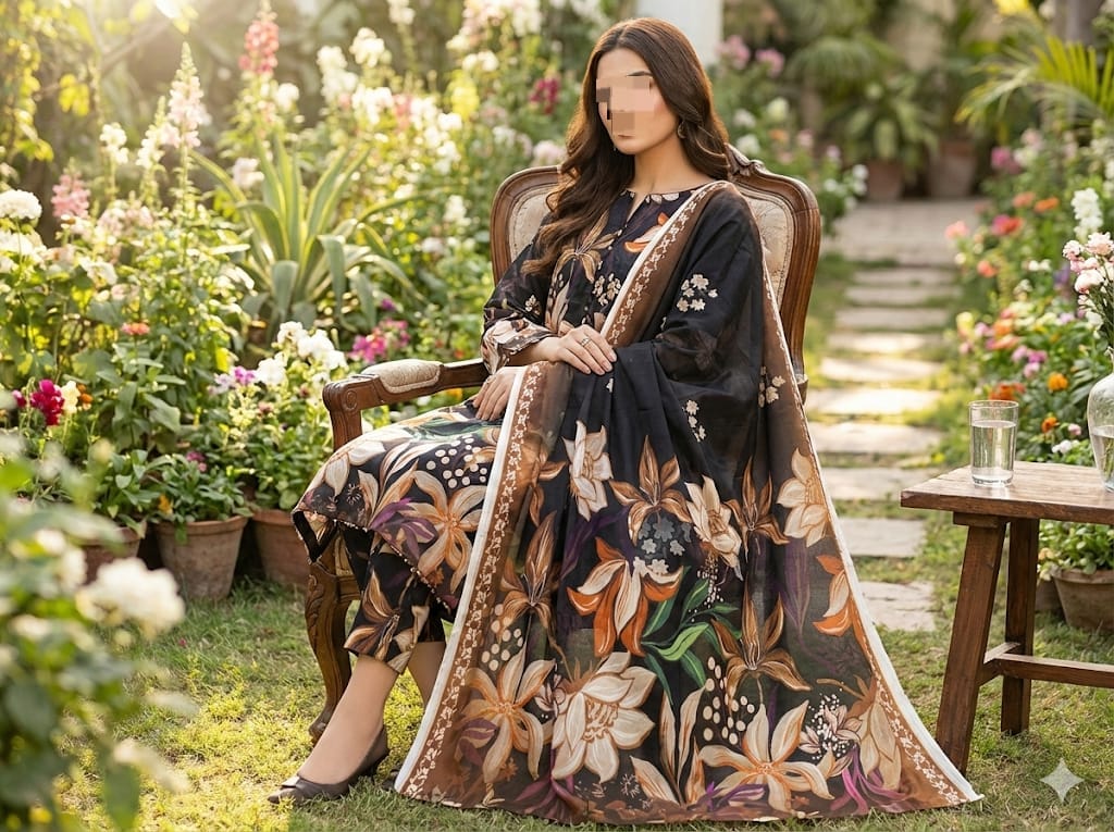 Three-piece fine weave lawn suit with printed design and matching voil dupatta from Hayadar Clothing, shown on a hanger.