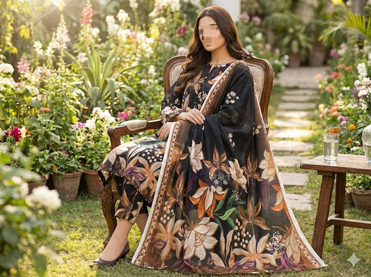 Three-piece fine weave lawn suit with printed design and matching voil dupatta from Hayadar Clothing, shown on a hanger.