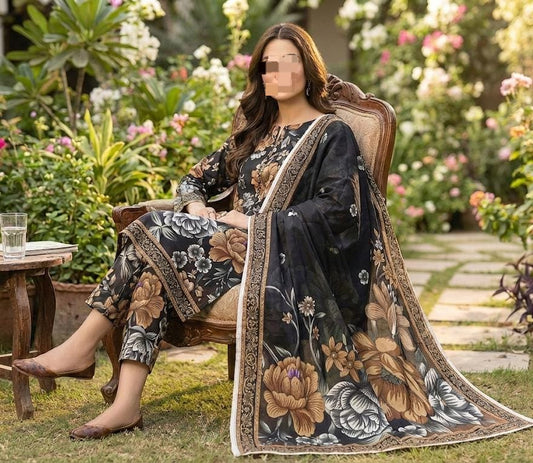 Three-piece fine weave lawn suit by Hayadar Clothing featuring an all-over printed design with a matching voil dupatta.
