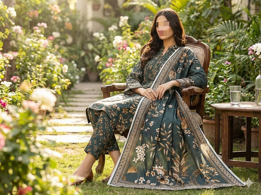 Three-piece fine weave lawn suit with all-over printed design and voile dupatta by Hayadar Clothing.