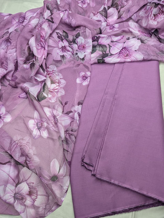 3-Pc Luxury Plain Suit | Bamber Print Dubatta [Lilac Bloom Color]