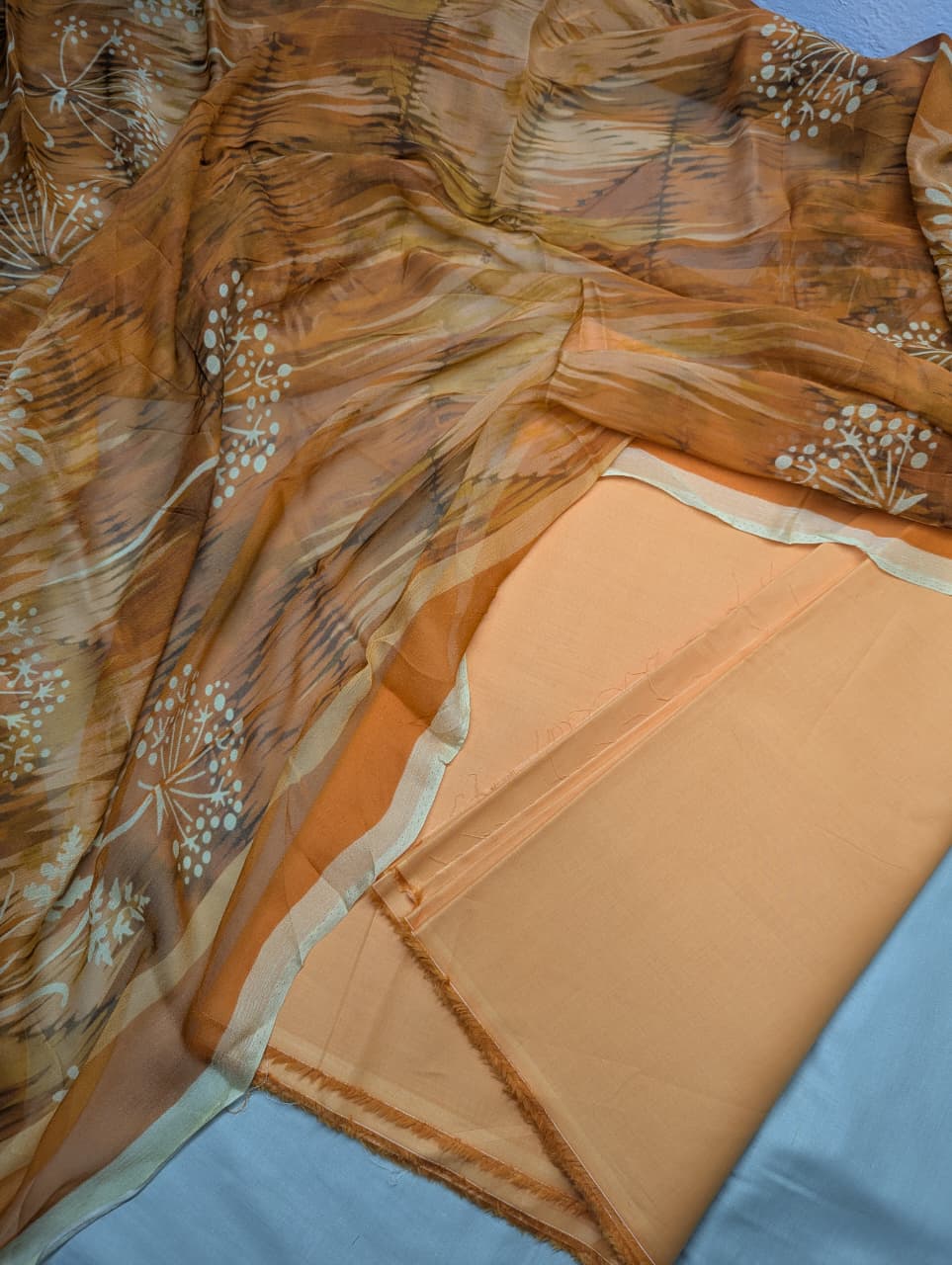3-Pc Luxury Plain Suit | Bamber Print Dubatta [Peach Color]