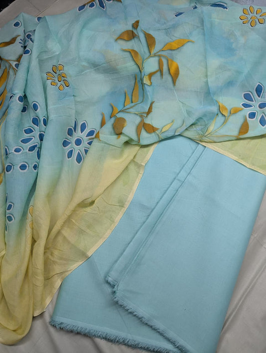 3-Pc Luxury Plain Suit | Bamber Print Dubatta [Ice Blue Demanding]