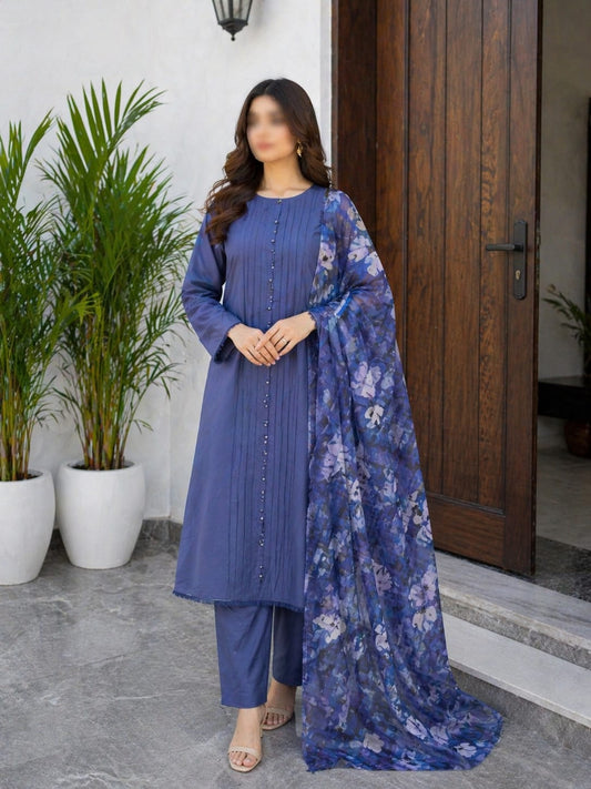 3-Pc Luxury Plain Suit | Bamber Print Dubatta [Neavy Blue Color]