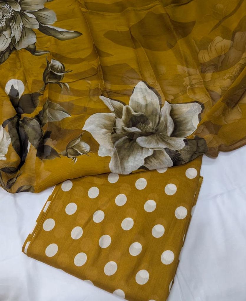 3-Pc Polka Print Suit | Print Bamber Dupatta [Musterd Color]